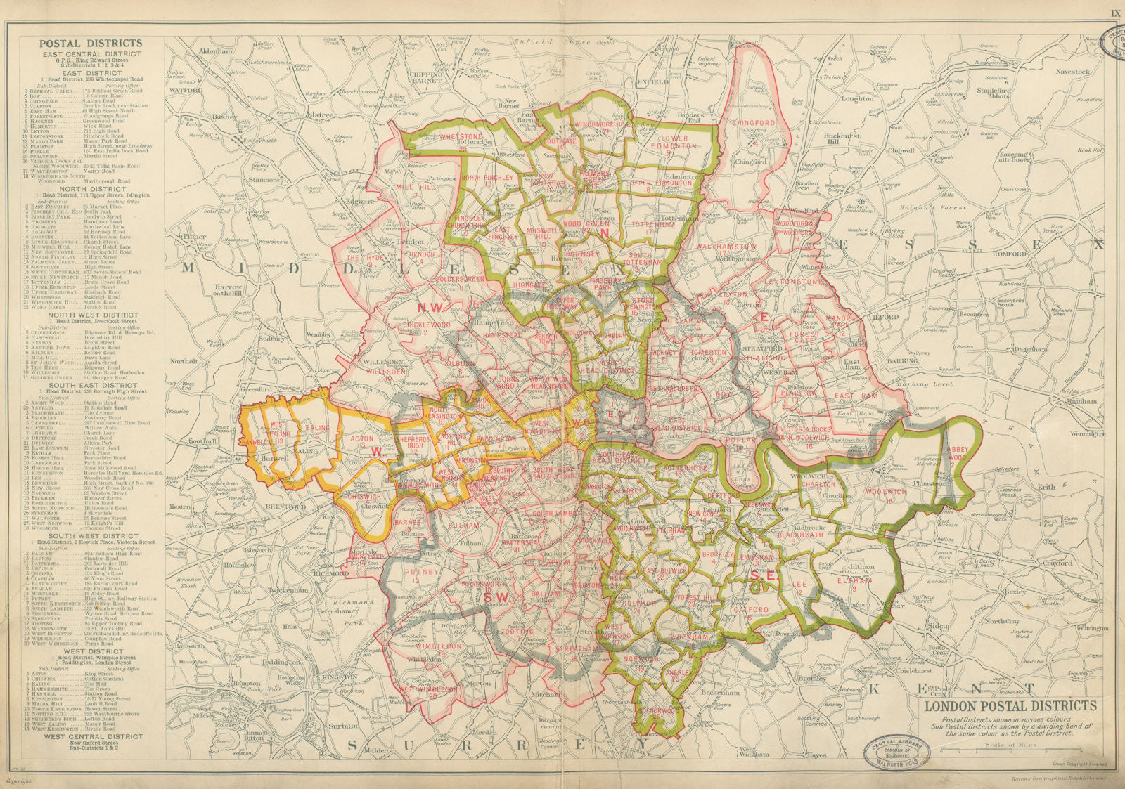 LONDON POSTAL DISTRICTS. Post code areas. NW N W SW SE E. BACON 1934 old map